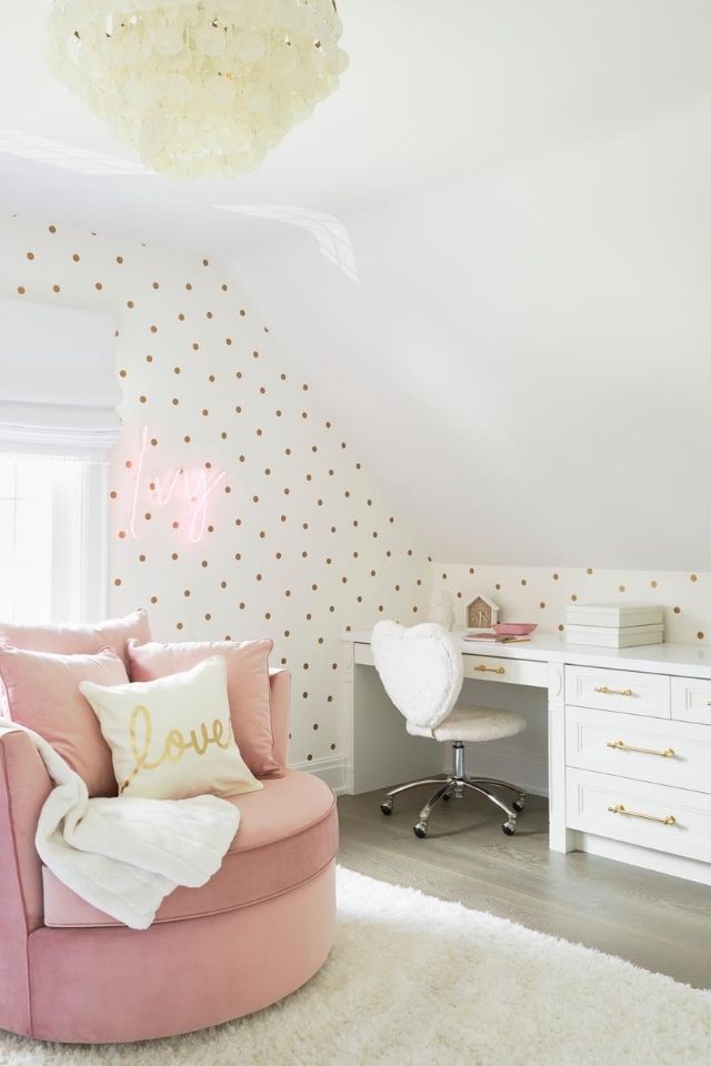 Girls workspace for remote learning in corner of room with white desk 